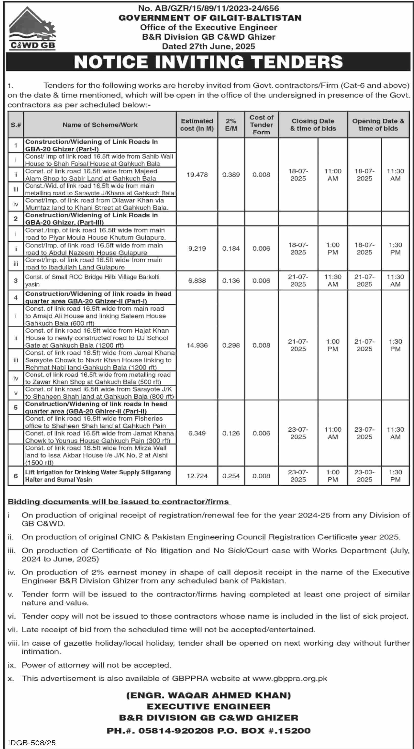 B&R Division GB C&W Division Ghizer Tender Notice